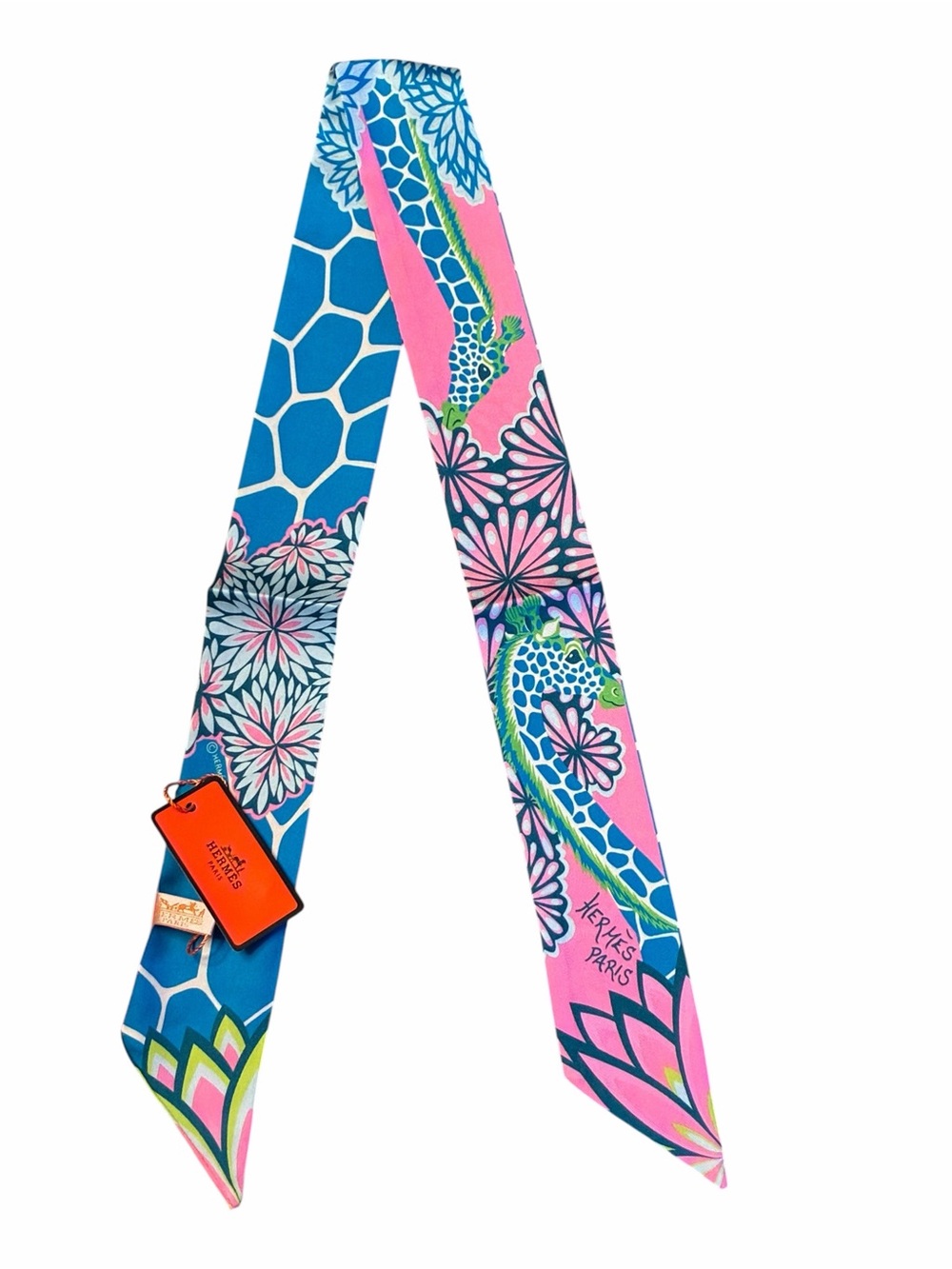 Three Graces Pink Multi- Color Twilly Scarf 100%Silk